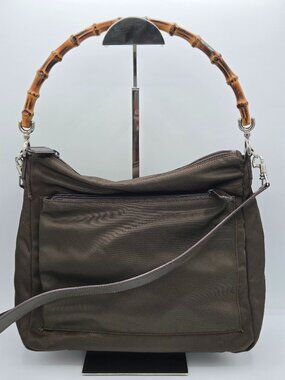 Gucci Bamboo 2-Way Nylon Hobo Bag Olive Green | Bamboo Handle | Shoulder